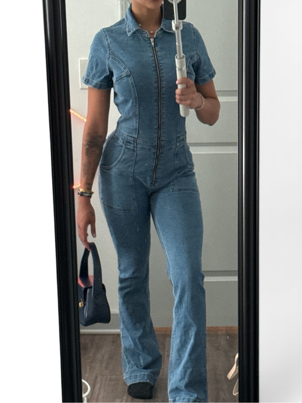 Fashion Nova Blue Zip-Front Denim Jumpsuit